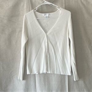 White Ribbed V-Neck Cardigan